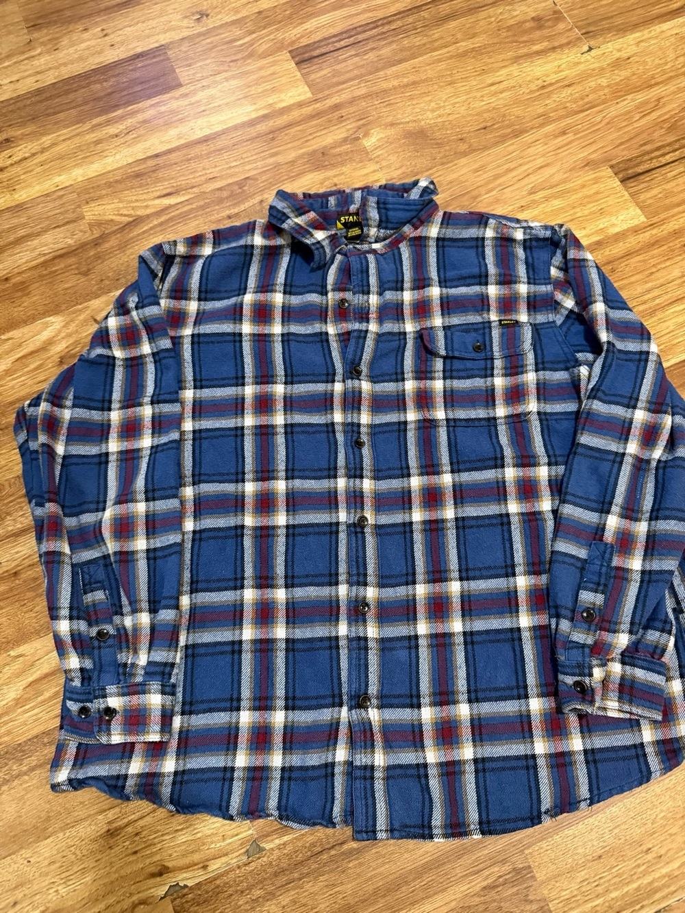 Stanley Blue Plaid Button-Down Shirt with Red and White Accents